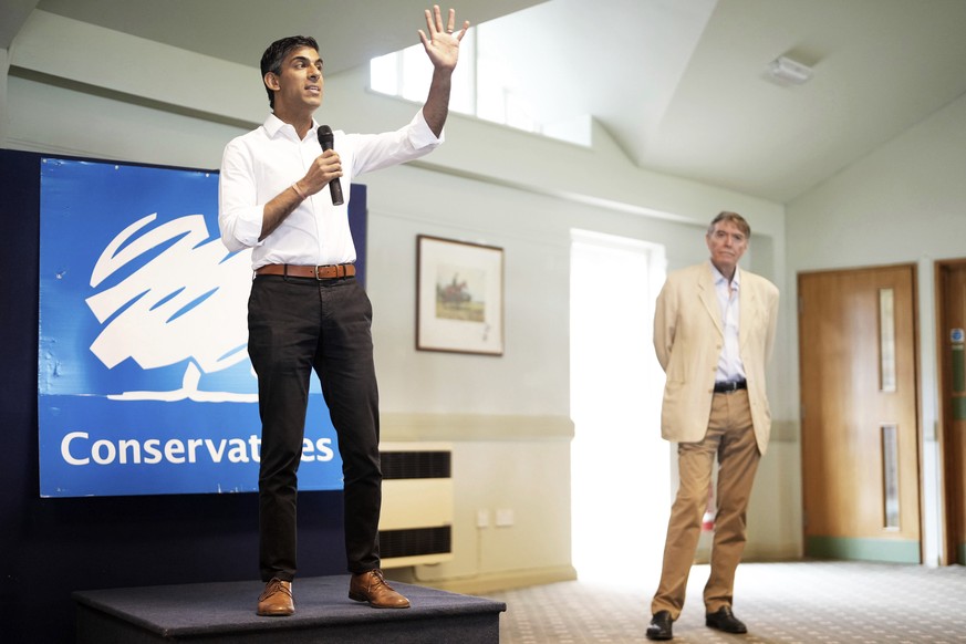 Rishi Sunak gestures as he speaks during an event of his campaign to be leader of the Conservative Party and the next Prime Minister, in Ludlow, Britain, Wednesday Aug. 3, 2022. (Jacob King/PA via AP)