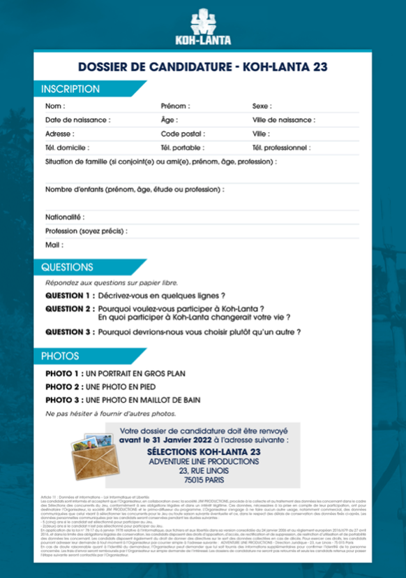 Dossier de candidature pour Koh Lanta.