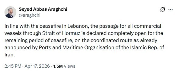 Tweet auf X von Aussenminister Abbas Araghtschi, 17.4.2026