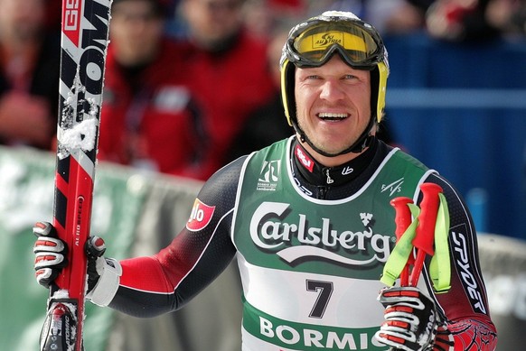 World champion, Austrian ski racer Hermann Maier smiles as he looks at the score board at the arrival area of the Men&#039;s giant slalom, at the World Alpine Ski Championships in Bormio, Italy, Thurs ...