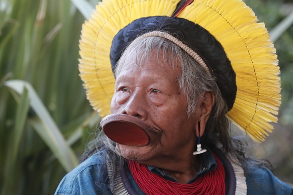 epa12200405 (FILE) - Chief Raoni Metuktire, leader of the Kayapo people a Brazilian Indigenous group and living symbole of the fight for preservation of the Amazon Rainforest, holds a news conference  ...