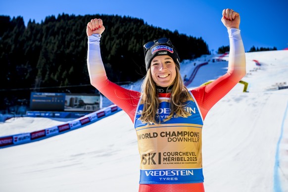 Gold medalist Jasmine Flury of Switzerland poses after the podium ceremony of the women&#039;s downhill race at the 2023 FIS Alpine Skiing World Championships in Courchevel/Meribel, France, Saturday,  ...