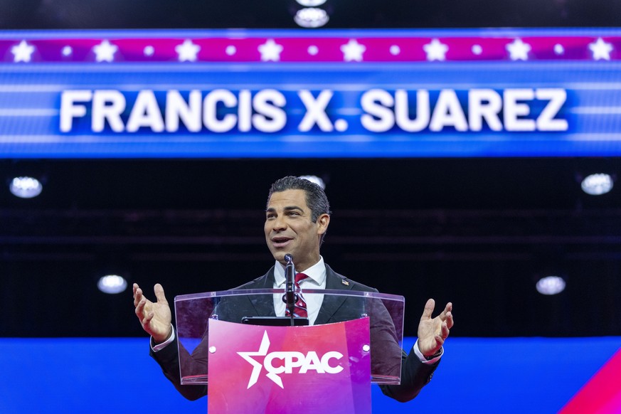 FILE - Miami Mayor Francis Suarez speaks at the Conservative Political Action Conference, CPAC 2023, Friday, March 3, 2023, at National Harbor in Oxon Hill, Md. (AP Photo/Alex Brandon, File)
Francis S ...