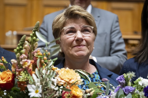 Die scheidende Bundesraetin Viola Amherd reagiert nach seiner Rede kurz vor der Ersatzwahl in den Bundesrat durch die Vereinigte Bundesversammlung, am Mittwoch, 12. Maerz 2025 im Nationalratssaal in B ...
