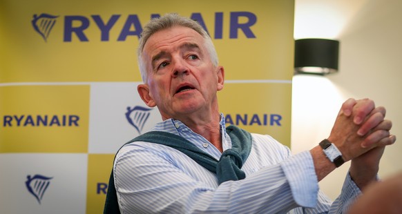 epa11566575 Ryanair group CEO Michael O&#039;Leary speaks during a press conference in Brussels, Belgium, 27 August 2024. During the press conference Ryanair group CEO announced nine new routes from B ...