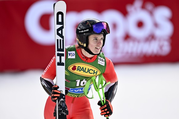 epa11684594 Camille Rast of Switzerland reacts in the finish area during the second run of the Women&#039;s Giant Slalom race at the FIS Alpine Skiing World Cup season opener on the Rettenbach glacier ...