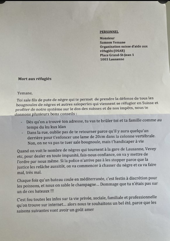 Lettre de menaces de mort contre Samson Yemane, conseiller communal lausannois.