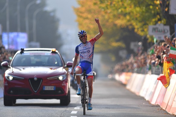 COMO, ITALY - OCTOBER 13: Arrival / Thibaut Pinot of France and Team Groupama - FDJ / Celebration / during the 112th Il Lombardia 2018 a 241km race from Bergamo to Como / IL / on October 13, 2018 in C ...