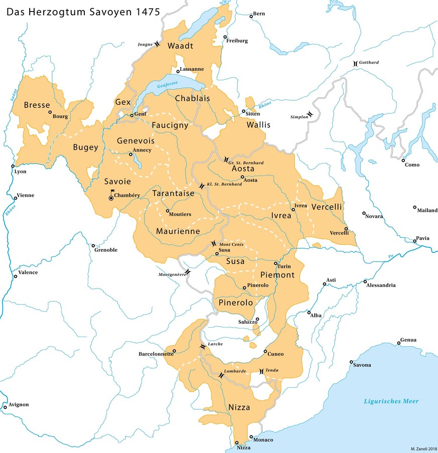 Le duché de Savoie vers 1475.
https://de.wikipedia.org/wiki/Herzogtum_Savoyen#/media/Datei:Karte-Herzogtum-Savoyen-1475.png