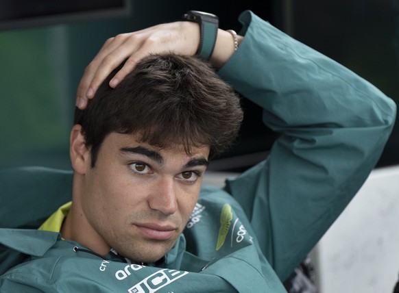 Aston Martin driver Lance Stroll, from Canada, waits to speak to the media at the Canadian Grand Prix Formula One auto race, Thursday, June 15, 2023, in Montreal. (Ryan Remiorz/The Canadian Press via  ...