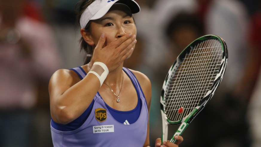 Chinese tennis player Peng Shuai reacts during a tennis match in Beijing, China on Oct. 6, 2009. When Peng disappeared from public view this month after accusing a senior Chinese politician of sexual  ...