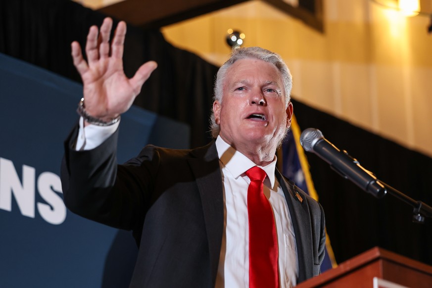 U.S. Senate candidate Mike Collins speaks during an election-night watch party after winning the Republican nomination Tuesday, June 16, 2026, in Jackson, Ga. (AP Photo/Colin Hubbard)
Mike Collins