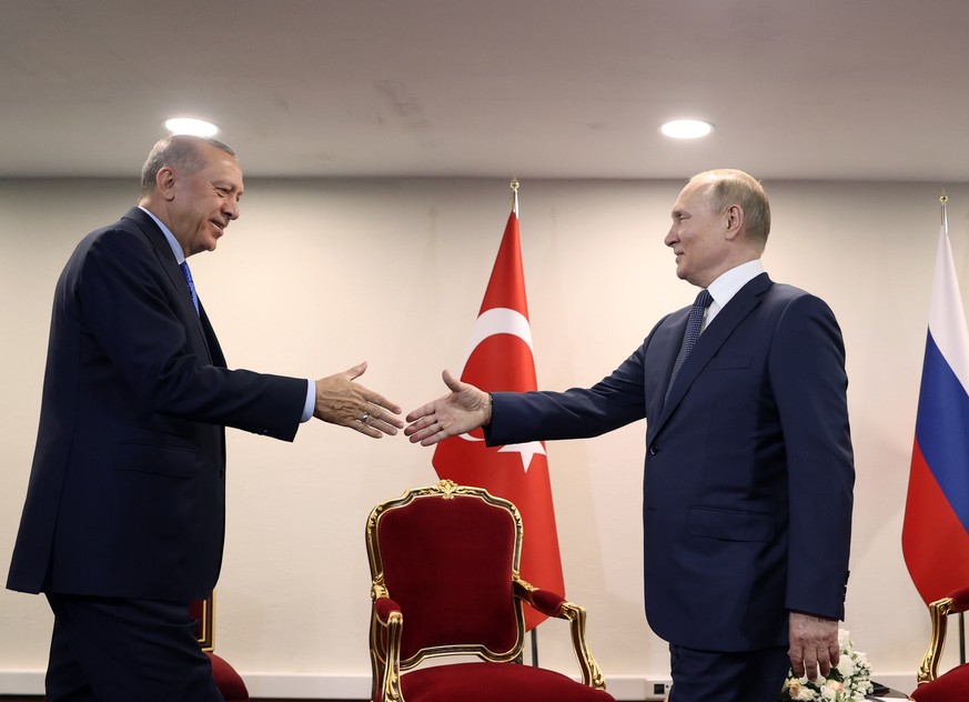 epa10080232 A handout photo made available by the Turkish Presidential Press Office shows Russian President Vladimir Putin (R) shaking hands with Turkish President Recep Tayyip Erdogan (L) during thei ...