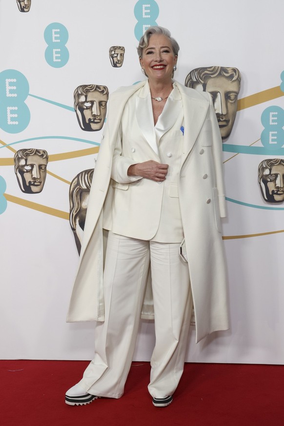 Emma Thompson poses for photographers upon arrival at the 76th British Academy Film Awards, BAFTA's, in London, Sunday, Feb. 19, 2023. (Photo by Vianney Le Caer/Invision/AP)