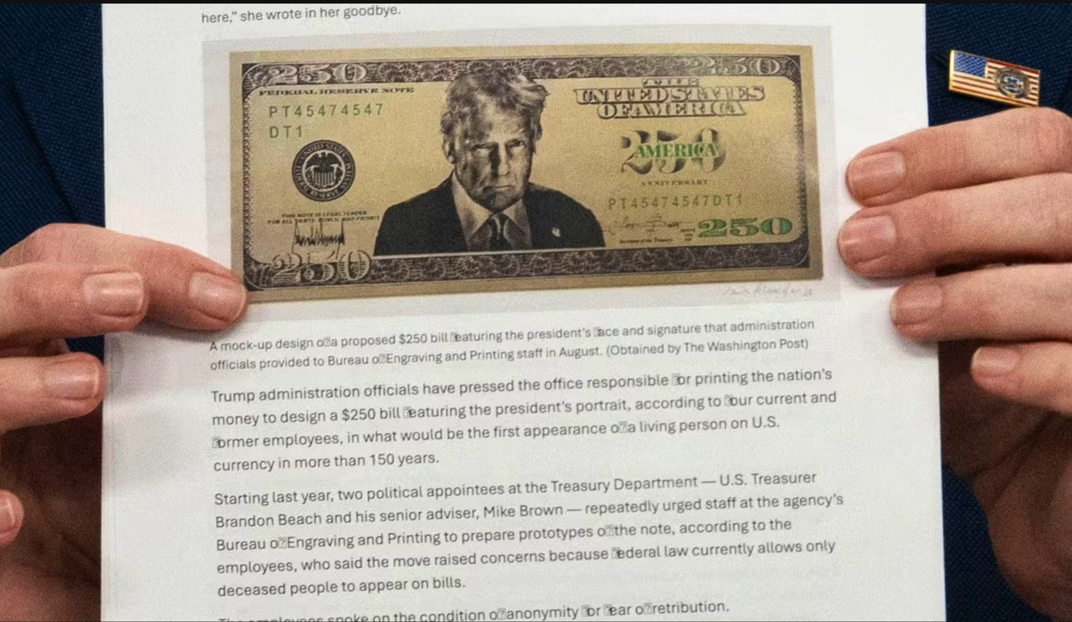 Lors d’un point presse à la Maison-Blanche jeudi, le secrétaire au Trésor Scott Bessent a présenté ce à quoi pourrait ressembler le billet, selon le Washington Post.