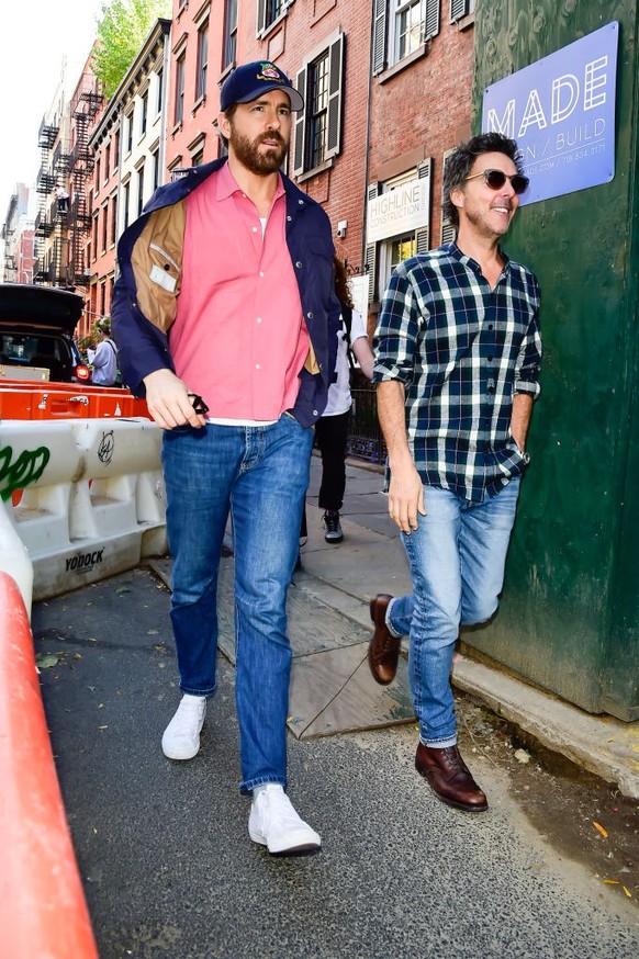 NEW YORK, NEW YORK - OCTOBER 26: Ryan Reynolds (L) and Shawn Levy are seen in the West Village on October 26, 2023 in New York City. (Photo by Raymond Hall/GC Images)