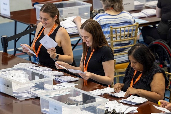 Ballot papers for the local elections being counted at the ballot centre on the 2nd of May 2025 in Folkestone, United Kingdom. After a day of votes being cast for both local and county council seats i ...