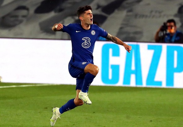 epa09164133 Chelsea&#039;s Christian Pulisic celebrates after scoring the 1-0 lead during the UEFA Champions League semi final, first leg soccer match between Real Madrid CF and Chelsea FC at Alfredo  ...