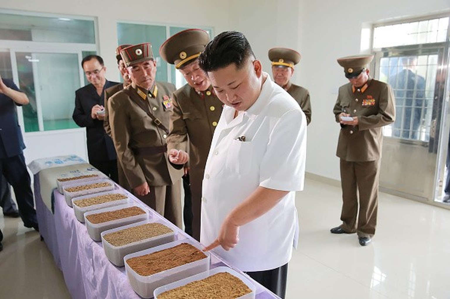 This undated picture released from North Korea's official Korean Central News Agency (KCNA) on July 24, 2016 shows North Korean leader Kim Jong-Un (2nd R) inspecting a fish food factory under ...