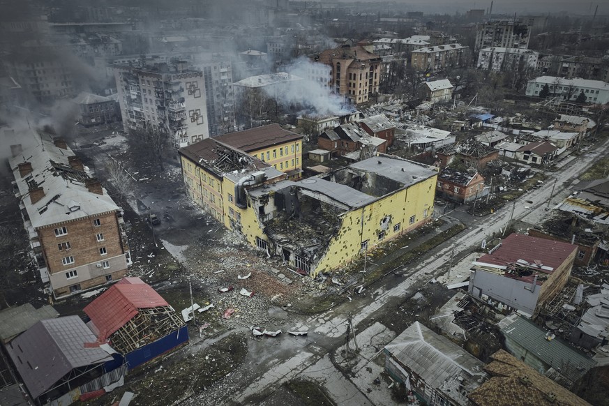 FILE - An aerial view of Bakhmut, the site of heavy battles with Russian troops in the Donetsk region, Ukraine, Sunday, March 26, 2023. Europe?s biggest armed conflict since World War II is poised to  ...