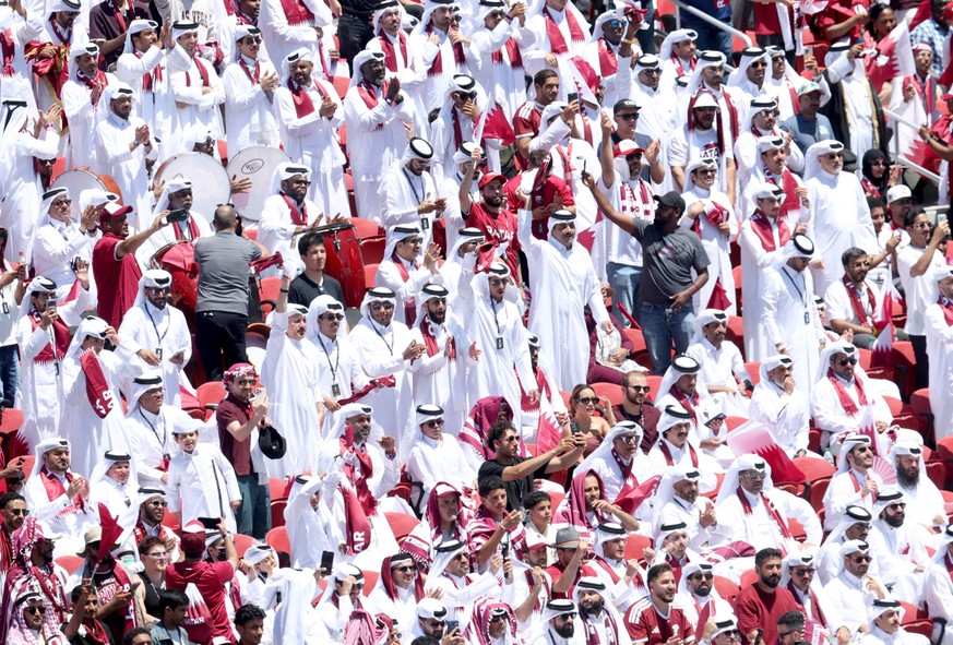 SANTA CLARA, CALIFORNIA - JUNE 10: Qatar fans cheer before the FIFA World Cup 2026 match between Qatar and Switzerland at Levi's Stadium in Santa Clara, Calif., on Saturday, June 13, 2026. (Jane  ...