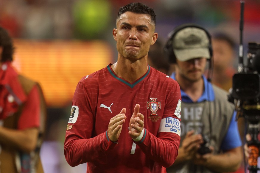Portugal's Cristiano Ronaldo (7) reacts after the World Cup round of 16 soccer match between Portugal and Spain in Arlington, Texas, near Dallas, Monday, July 6, 2026. (AP Photo/Gareth Patterson) ...