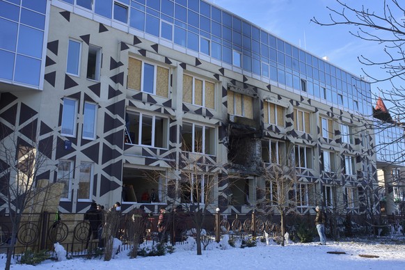 A damaged private clinic is seen after, according to Ukrainian officials, a Russian air attack when a drone hit a hospital room killing a patient, in Kyiv, Ukraine, Monday, Jan 5, 2026. (AP Photo/Efre ...