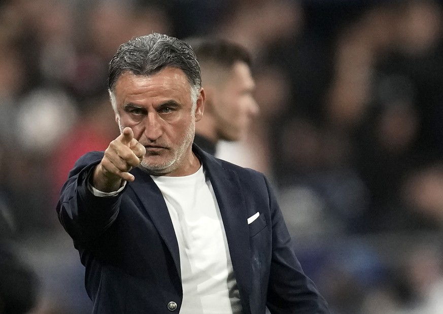 Nice&#039;s coach Christophe Galtier gives instructions to his players during the French Cup final soccer match between Nice and Nantes at the Stade de France stadium, in Saint Denis, north of Paris,  ...