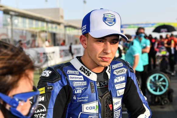 Moto3-Fahrer Jason Dupasquier, im Zielraum des Moto Grand Prix von Doha 2021 auf dem Losail International Circuit in Losail, Katar, Sonntag, 4. April 2021. Dupasquier faehrt auf den 11. Rang. (KEYSTON ...