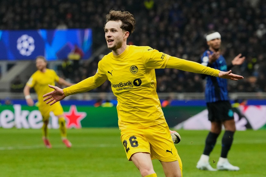 Glimt's Hakon Evjen celebrates after scoring his side's second goal during a Champions League playoff soccer match between Inter Milan and Bodo Glimt, at the San Siro stadium in Milan, Italy ...