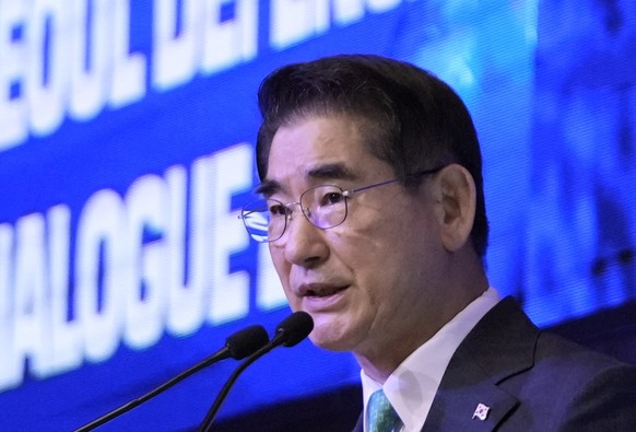 South Korean Defense Minister Kim Yong Hyun delivers a speech during the plenary session of the Seoul Defense Dialogue 2024 in Seoul, South Korea, Wednesday, Sept. 11, 2024. (AP Photo/Lee Jin-man)