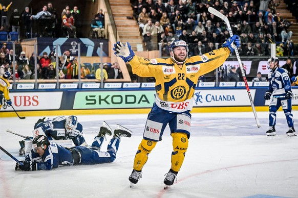 Davos`Brendan Lemieux celebrates after scoring during the game between Germany`s Straubing Tigers and Switzerland`s HC Davos, at the 96th Spengler Cup ice hockey tournament in Davos, Switzerland, on F ...