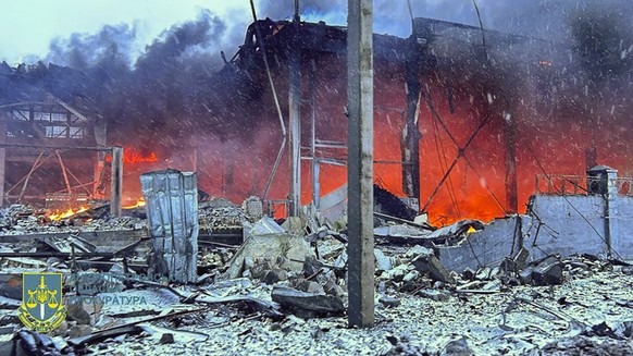 epa11064207 A handout picture made available by the Dnipropetrovsk Regional State Administration shows a scene of general destruction following a Russian rocket attack in the Dnipro region, Ukraine, 0 ...