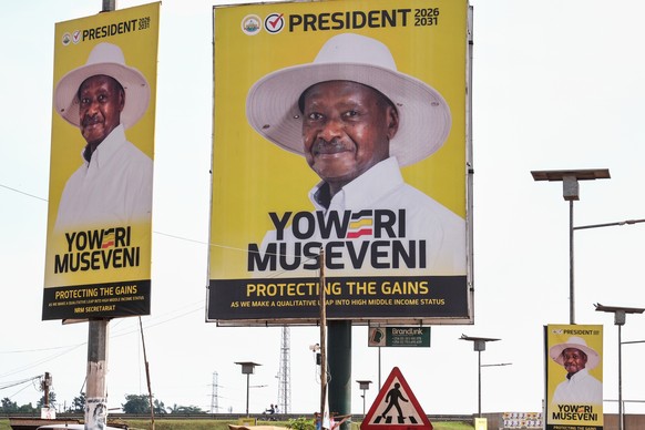 Billboards of Uganda President and National Resistance Movement (NRM) presidential candidate Yoweri Museveni are seen in Kampala, Uganda, Tuesday, Jan. 13, 2026. (AP Photo/Hajarah Nalwadda)
CORRECTION ...