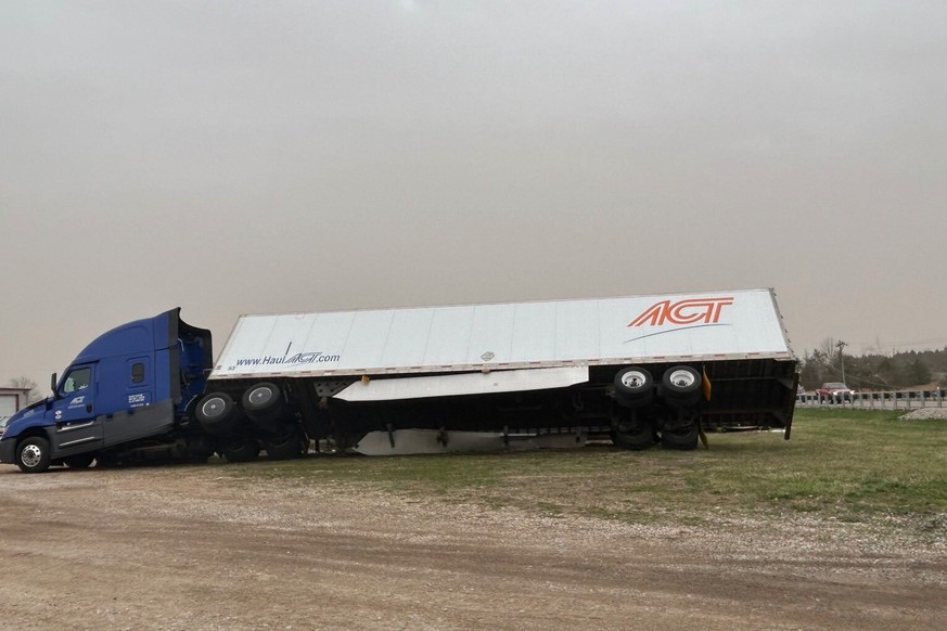 In this photo provided by Missouri State Highway Patrol, a truck is damaged after a severe storm passed the area near Ozark County, Mo., early Saturday, March 15, 2025. (Missouri State Highway Patrol  ...