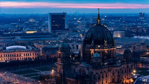 An aerial drone view shows the Cathedral Church (right) and the Reichstag (upper left corner) in Berlin, Germany, on February 22, 2025. (Photo by Emmanuele Contini/NurPhoto via Getty Images)