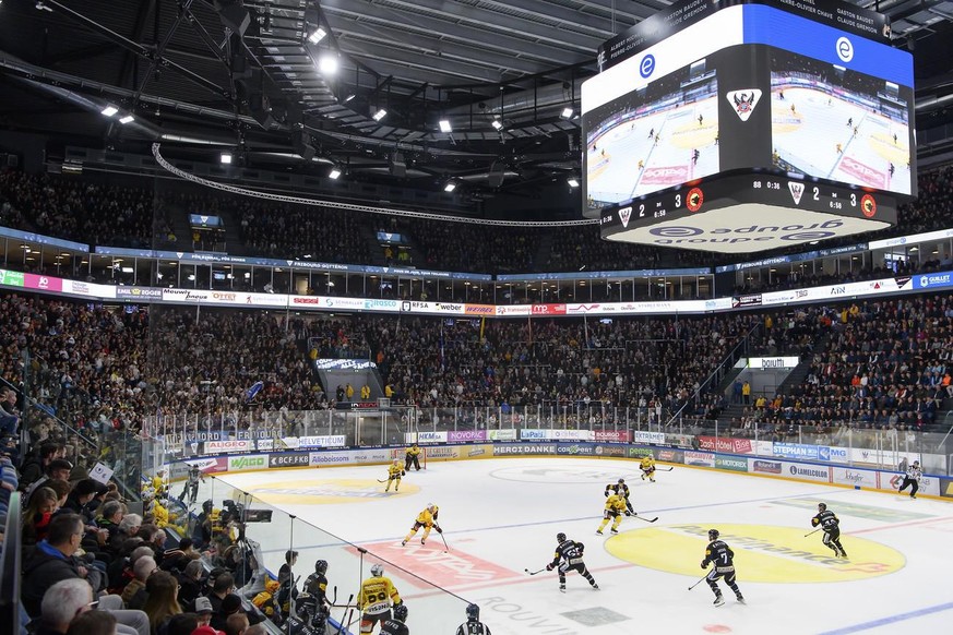 Spieler in action beim Eishockey Meisterschaftsspiel der National League A zwischen den HC Fribourg Gotteron und dem SC Bern, am Dienstag, 19. Oktober 2021, in der BCF Arena in Fribourg. (KEYSTONE/Ant ...