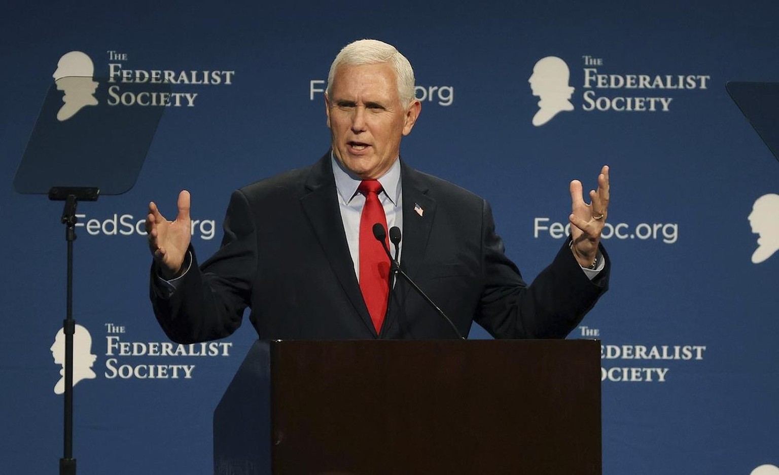 Former Vice President Mike Pence speaks at the Florida chapter of the Federalist Society&#039;s annual meeting at Disney&#039;s Yacht Club resort in Walt Disney World on Friday, Feb. 4, 2022, in Orlan ...