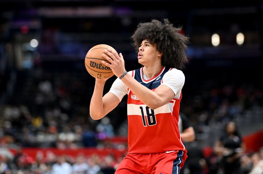 WASHINGTON, DC - FEBRUARY 12: Kyshawn George #18 of the Washington Wizards shoots the ball against the Indiana Pacers at Capital One Arena on February 12, 2025 in Washington, DC. NOTE TO USER: User ex ...