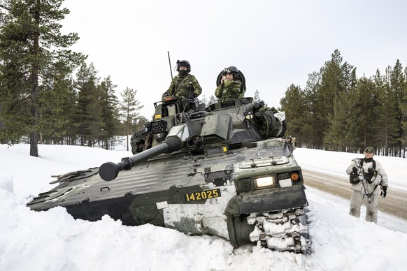 Des soldats suédois et finlandais, à Hetta, dans le nord de la Finlande, le 5 mars 2024. L'exercice fait partie du Nordic Response.