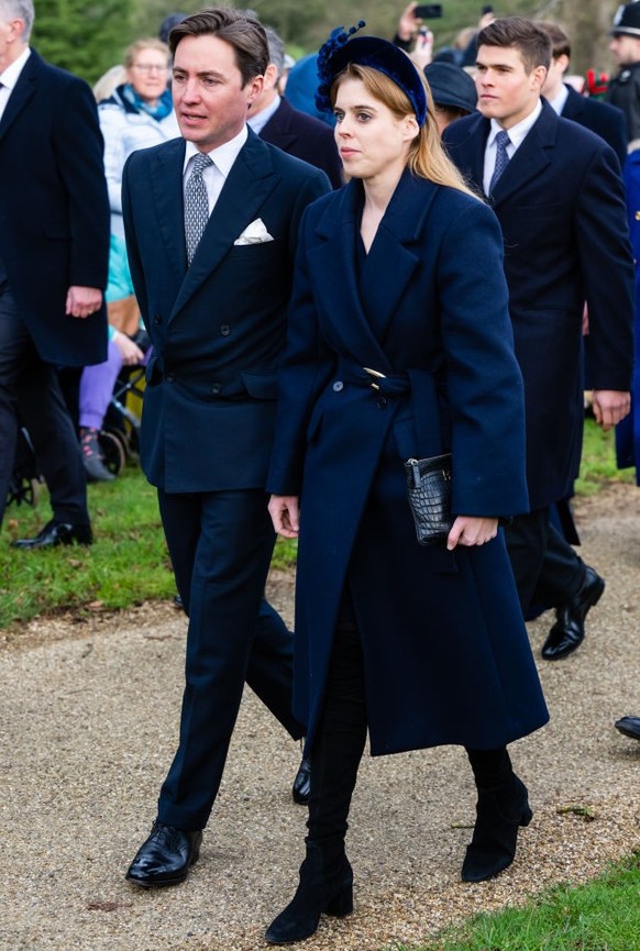 SANDRINGHAM, NORFOLK - DECEMBER 25: Princess Beatrice a Edoardo Mapelli Mozzi attend the Christmas Morning Service at Sandringham Church on December 25, 2023 in Sandringham, Norfolk. (Photo by Samir H ...