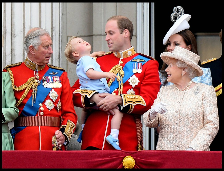 . 13/06/2015. London, United Kingdom. Prince George joins his mum and dad Prince William, Duke of Cambridge and Catherine, Duchess of Cambridge and Charles, Prince of Wales and Queen Elizabeth II. and ...