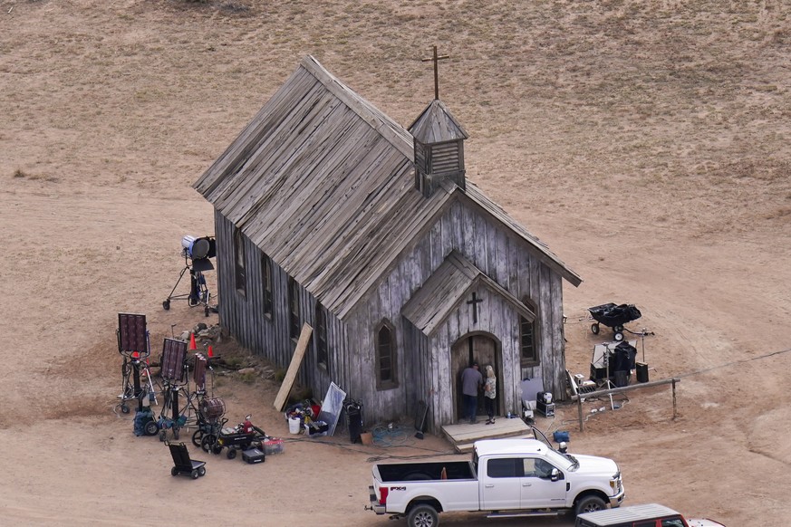 This aerial photo shows a film set at the Bonanza Creek Ranch in Santa Fe, N.M., Saturday, Oct. 23, 2021. Actor Alec Baldwin fired a prop gun on the set of a Western being filmed at the ranch on Thurs ...