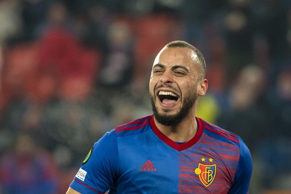 Basel's Arthur Cabral cheers after scoring during the UEFA Conference League group H soccer match between Switzerland's FC Basel 1893 and Azerbaijan's Qarabag FK at the St. Jakob-Park stadium in Basel ...