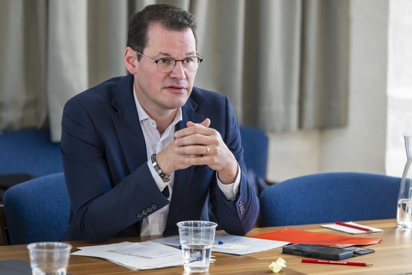 Le conseiller d'Etat genevois, Pierre Maudet, s'exprime, sur la presentation des comptes 2025 de l'Etat de Geneve, lors d'une conference de presse du Conseil d'Etat genevois,  ...