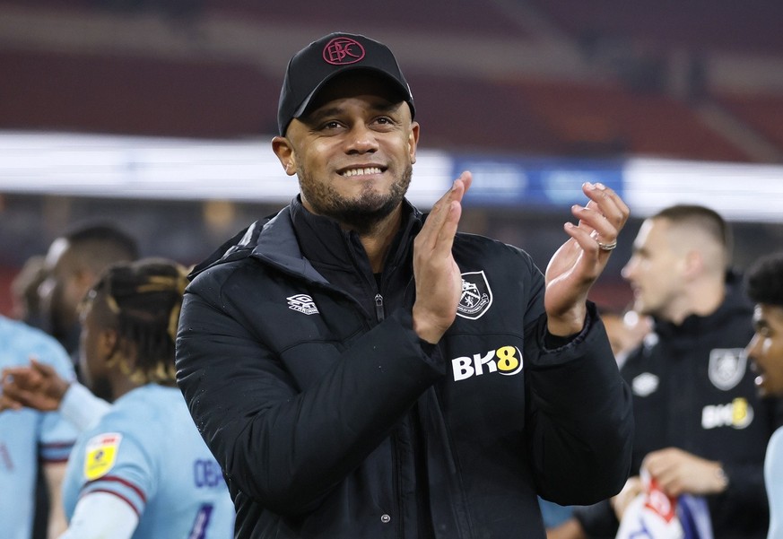 Burnley manager Vincent Kompany celebrates promotion to the Premier League following the Sky Bet Championship match against Middlesbrough, Friday, April 7, 2023, at the Riverside Stadium, in Middlesbr ...