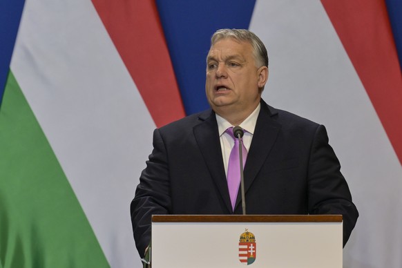 FILE - Hungarian Prime Minister Viktor Orban speaks during a press conference with his Sweden&#039;s counterpart Ulf Kristersson at the Carmelite Monastery in Budapest, Hungary, on Feb 23, 2024. Hunga ...