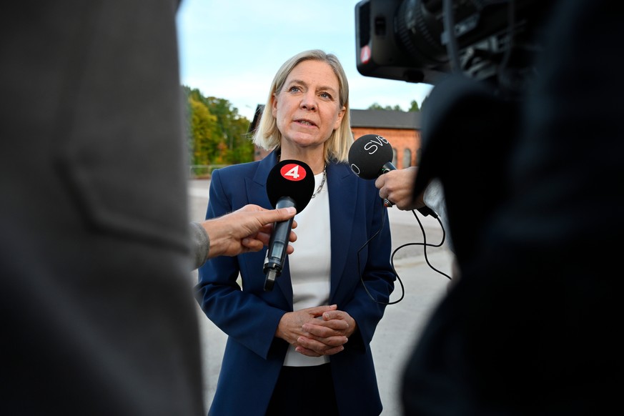 Social Democrats party leader Magdalena Andersson arrives for a party leadership televised debate in Gävle, Sweden, on Friday, Sept. 11, 2026. (Anders Wiklund/TT News Agency via AP)
Sweden Election