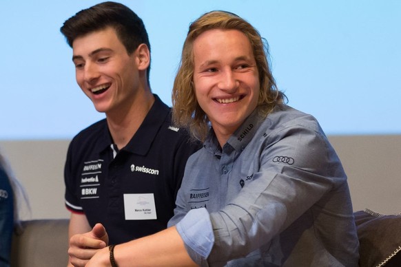 Marco Odermatt en 2016 au gymnase sportif d'Engelberg, avec un look de rockstar.