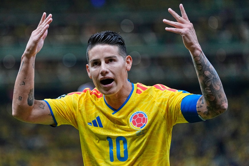 Colombia's James Rodriguez (10) reacts during the World Cup Group K soccer match between Colombia and Congo in Zapopan, near Guadalajara, Mexico, Tuesday, June 23, 2026. (AP Photo/Natacha Pisaren ...